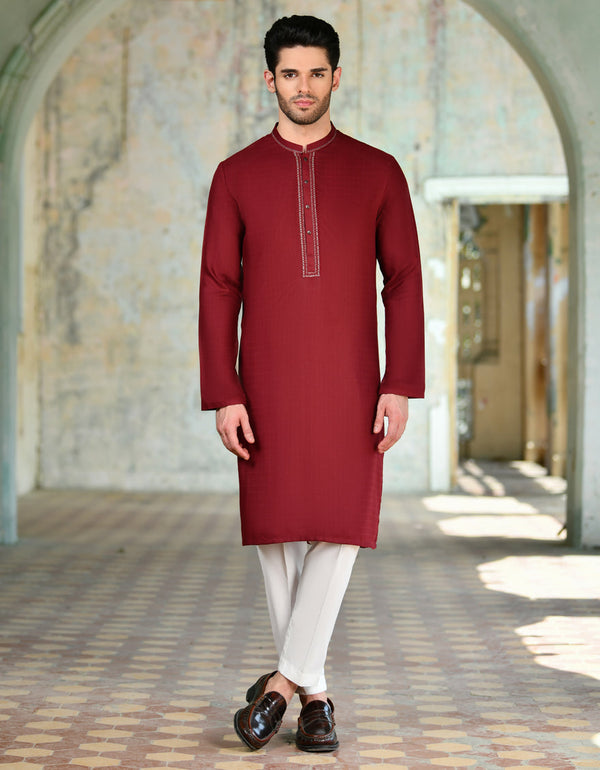 Blended Red Kurta - J. Junaid Jamshed