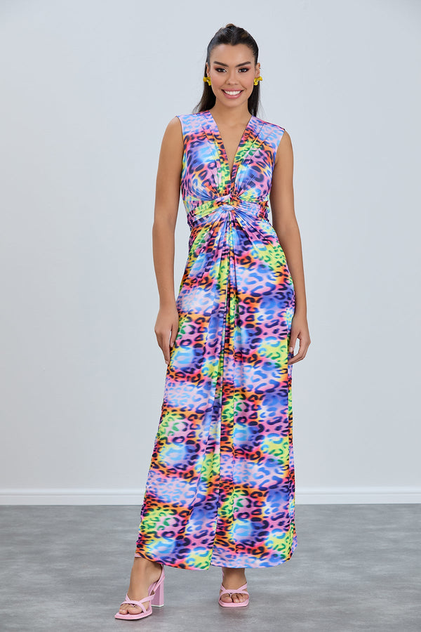 Sleeveless Twist Wrap Maxi Dress in Multicolour Leopard print