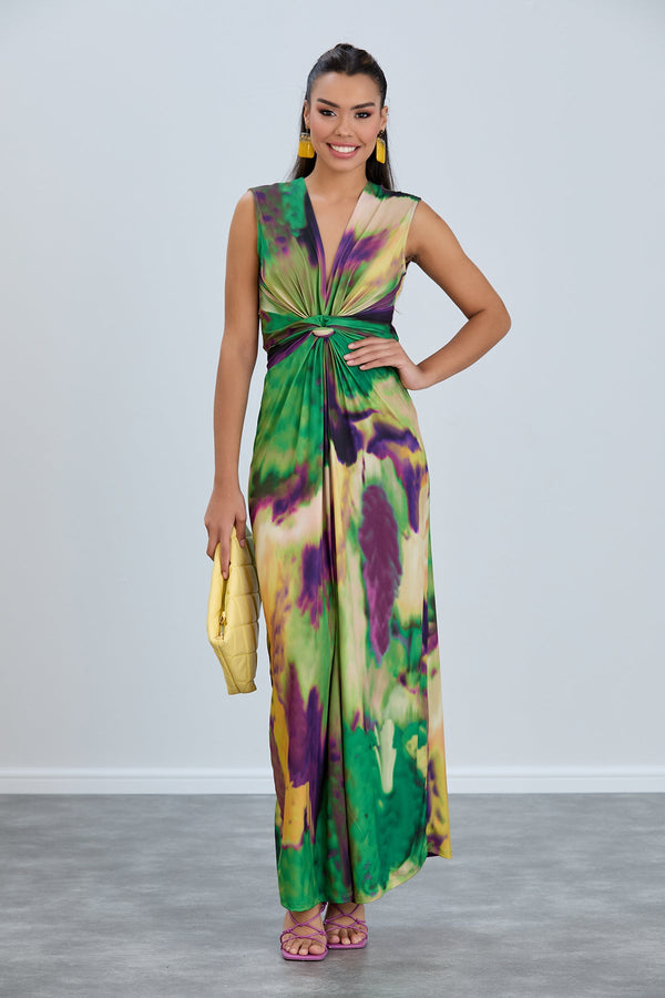 Sleeveless Twist Wrap Maxi Dress in Green tie dye print