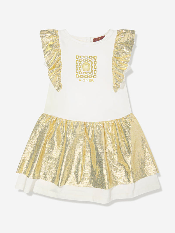 Girls Metallic Logo Dress in White