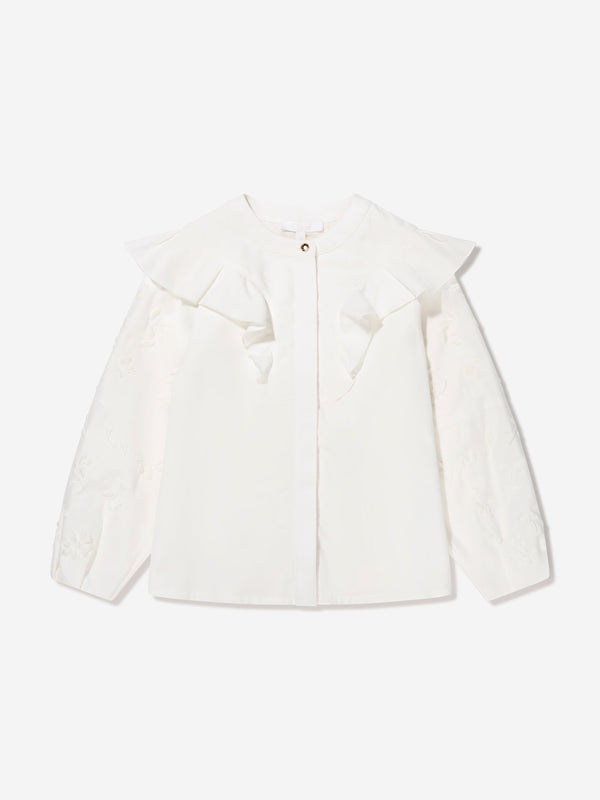 Girls Embroidered Ruffle Blouse in Ivory