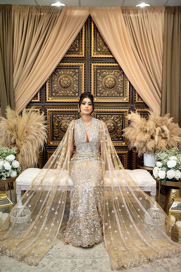 Gold Embroidered Gown with Drapes