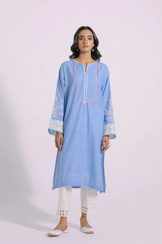 Ethnic by Outfitters Designer Baby Blue Cotton Kurti Shirt