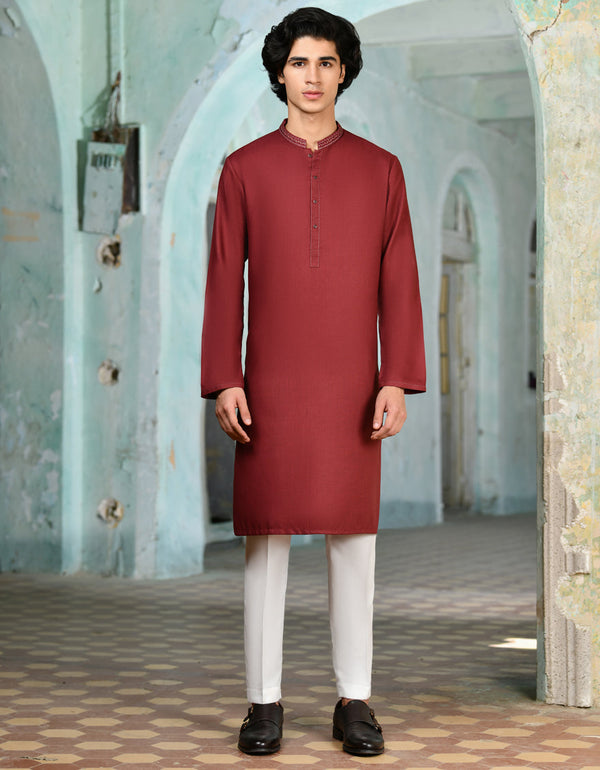 Blended Red Kurta - J. Junaid Jamshed