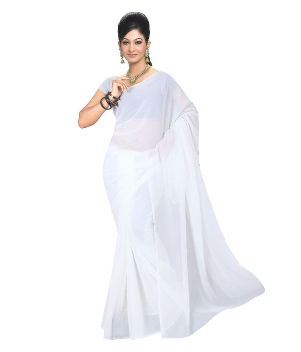 Plain White Chiffon Georgette Saree