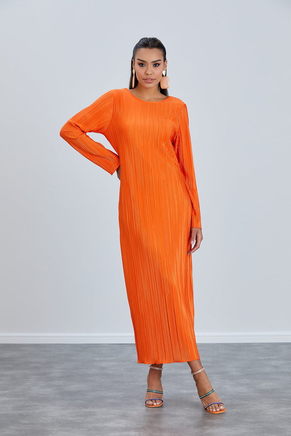 Long Sleeve Shift Pleated Maxi Dress in Orange