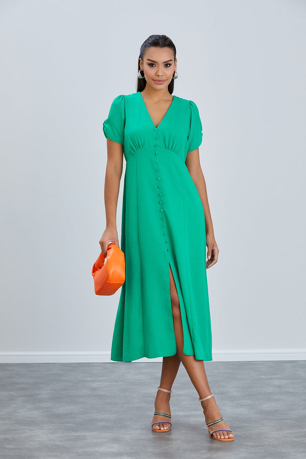 Linen Style Buttoned Shirt Midi Dress in Green