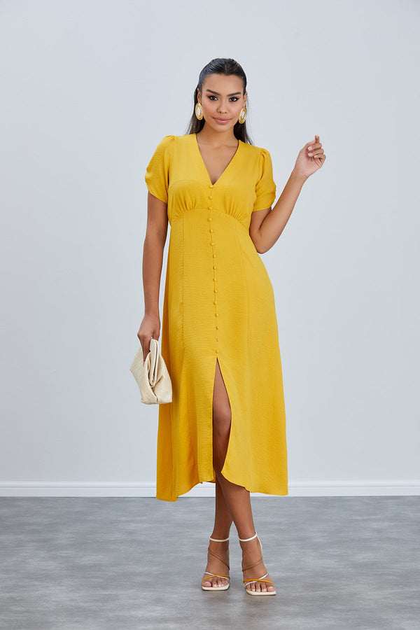 Linen Style Buttoned Shirt Midi Dress in Yellow