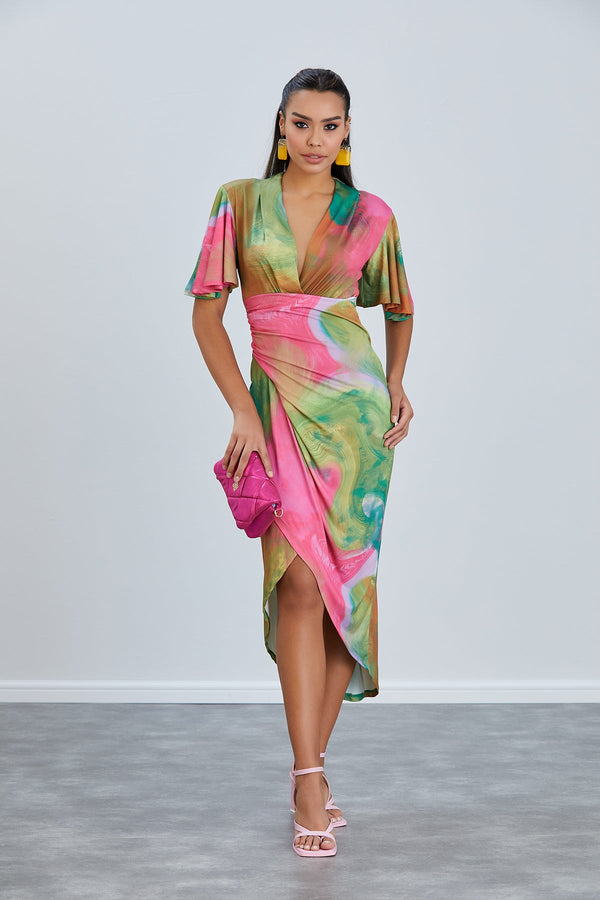 Forever Angel Sleeve Dress in Samui Green