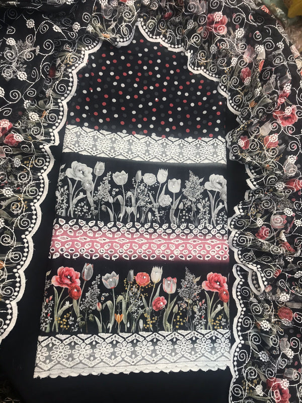 3pc Embroidered Lawn Cotton Unstitched Summer Collection Black DIL-399