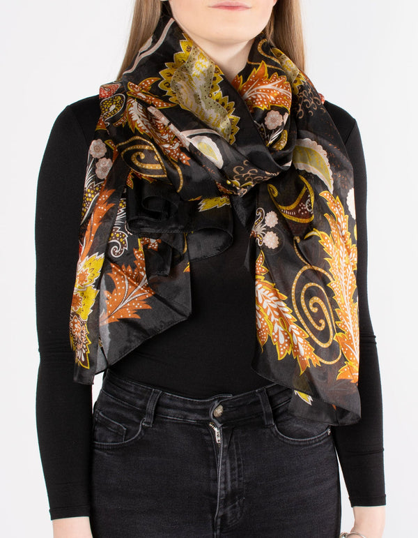 Black Large Paisley Print Silk Scarf